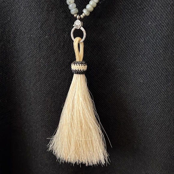 Opal and pyrite long silver diamond clasp horsehair charm tassel necklace - Picture 4 of 17